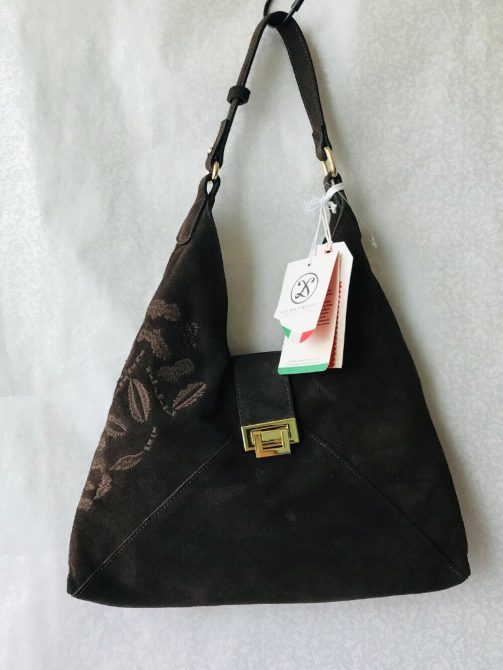 Divina Firenze Suede Shoulder Bag W Floral Embroidery Leather Made in Italy